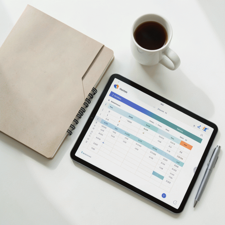 Tata letak meja yang rapi berisi buku catatan, pena, dan tablet yang menampilkan template anggaran keluarga yang terstruktur.