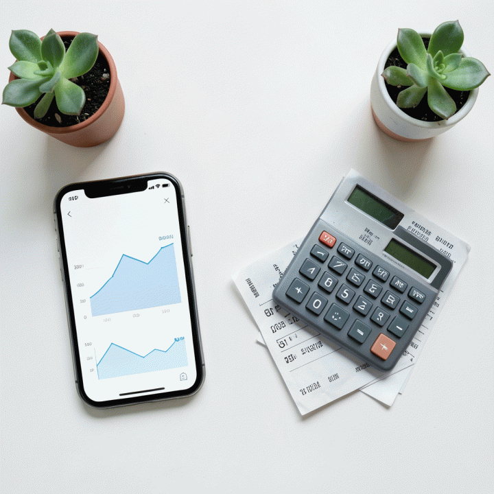 Tampilan datar (flat lay) berbagai alat bantu pelacakan keuangan seperti ponsel dengan aplikasi anggaran, kalkulator, dan struk, menunjukkan kontrol pengeluaran.