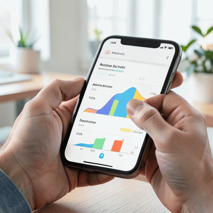 Tangan yang sedang menggunakan aplikasi budgeting digital di smartphone, menampilkan grafik pengeluaran dan pemasukan yang terorganisir.