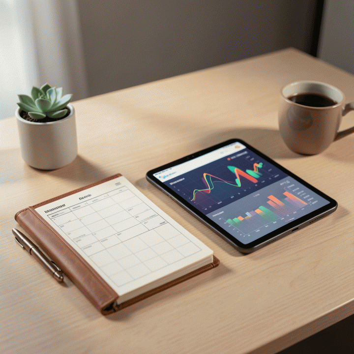 Meja kerja minimalis yang rapi dengan buku perencanaan anggaran keuangan dan tablet digital yang menampilkan grafik keuangan yang terstruktur, melambangkan pengelolaan keuangan pribadi yang teratur.