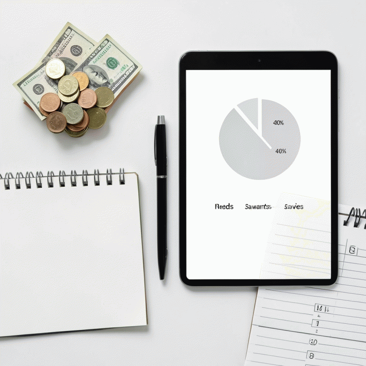 Tampilan dari atas (flat lay) yang menampilkan berbagai alat perencanaan keuangan, termasuk grafik alokasi dana dan buku catatan, menunjukkan perencanaan keuangan yang komprehensif.