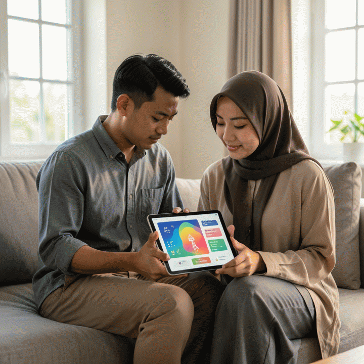 Pasangan muda Muslim Indonesia yang sedang fokus menggunakan tablet digital untuk melacak dan merencanakan konsistensi ibadah harian mereka di ruang tamu yang tenang.