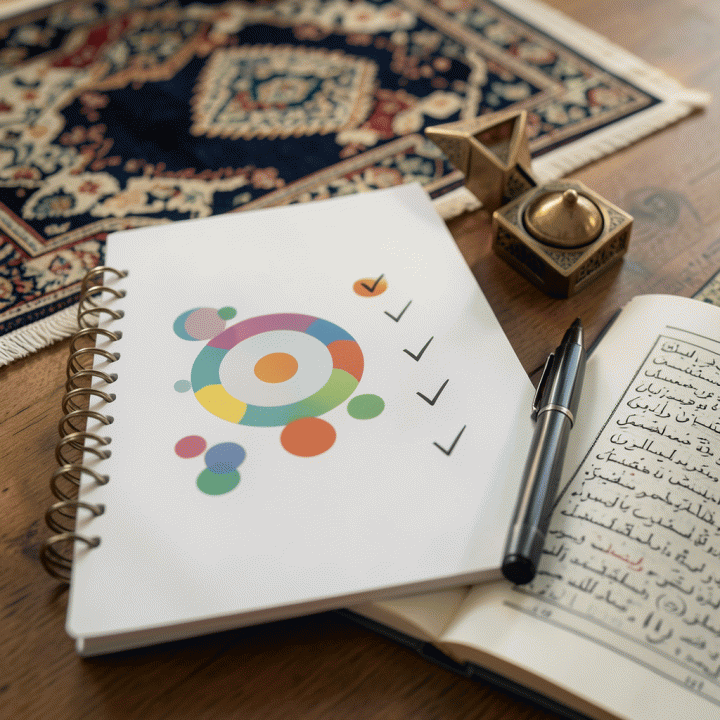 Buku catatan dan alat tulis di samping sajadah dan Al-Qur&rsquo;an, menunjukkan pelacakan kebiasaan spiritual harian yang konsisten.