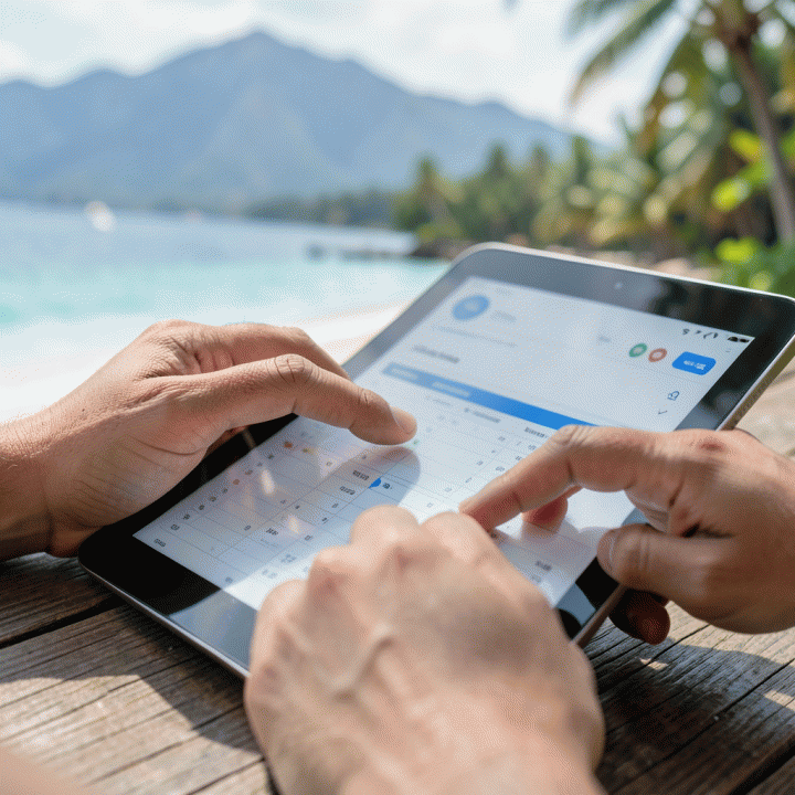 Tangan yang sedang menggunakan tablet untuk menghitung dan membagi biaya perjalanan grup secara digital.