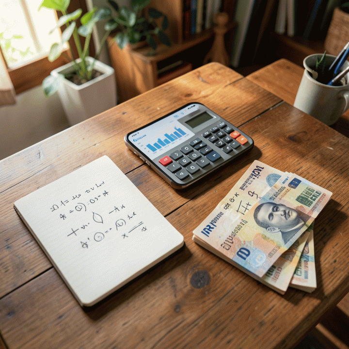 Perlengkapan bisnis di atas meja kayu yang menampilkan kalkulator, buku catatan, dan smartphone dengan grafik keuangan abstrak, melambangkan perhitungan harga jual produk yang akurat.