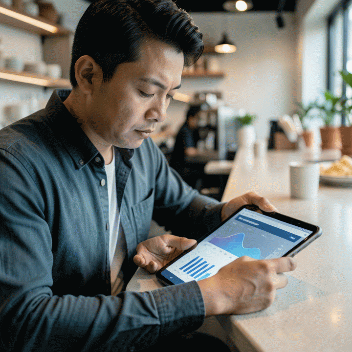 Pemilik usaha UMKM sedang menganalisis data keuangan di tablet di kafe, menunjukkan proses penentuan harga jual.