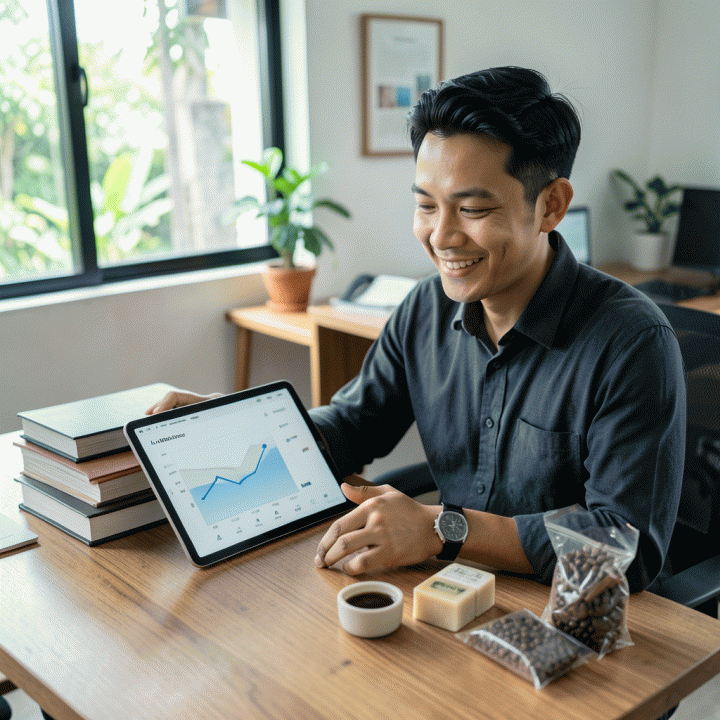 Seorang pemilik UMKM Indonesia menggunakan tablet di meja kerja yang modern, menganalisis grafik keuangan yang menunjukkan pertumbuhan keuntungan bisnis, dikelilingi oleh produk-produk kerajinan tangan yang siap dijual.
