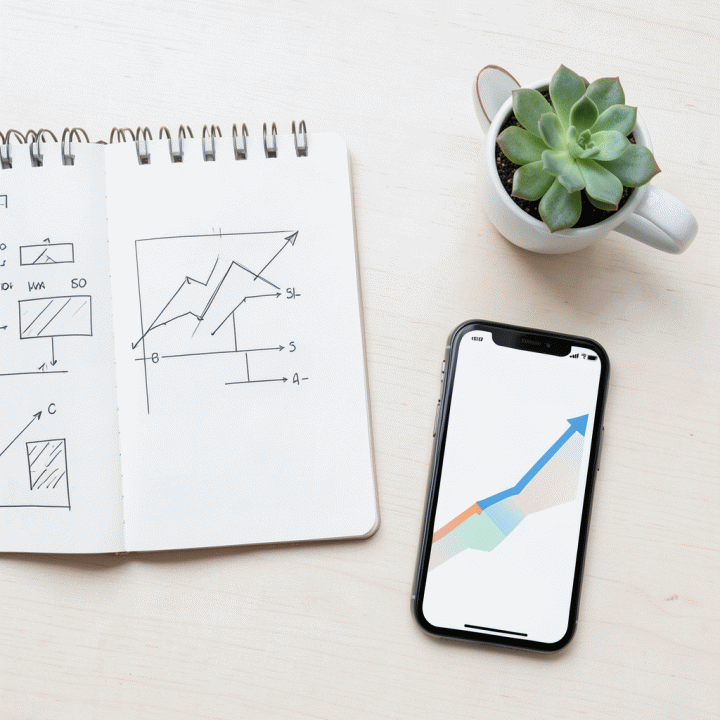 Tampilan atas (flat lay) dari alat-alat bisnis seperti buku catatan, ponsel, dan kopi, yang melambangkan perencanaan dan analisis keuangan untuk UMKM.