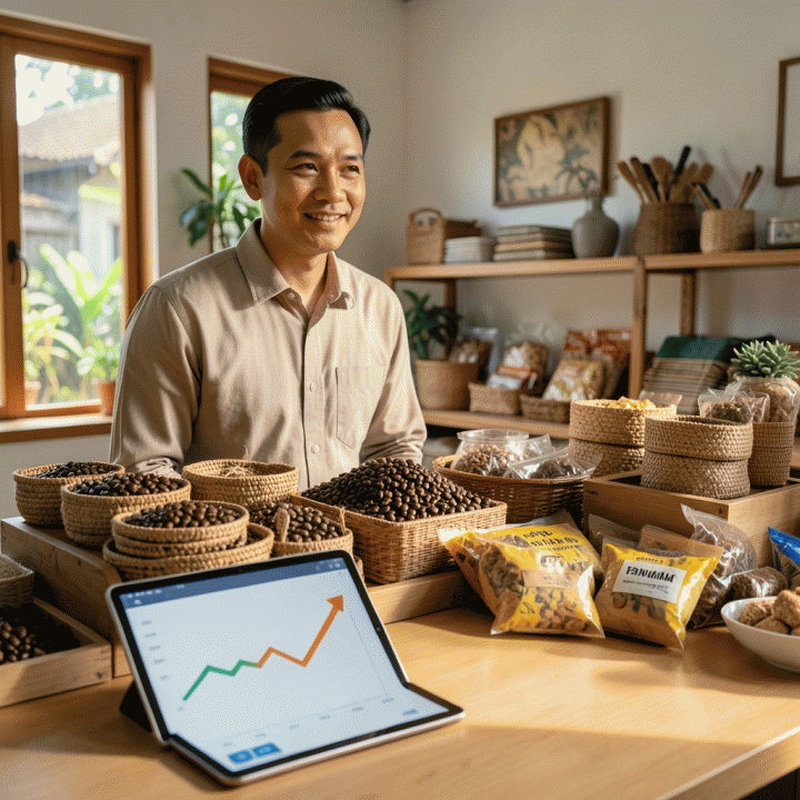 Pemilik UMKM Indonesia yang percaya diri melihat produknya dengan latar belakang visualisasi profit margin yang meningkat, menunjukkan strategi harga yang optimal.