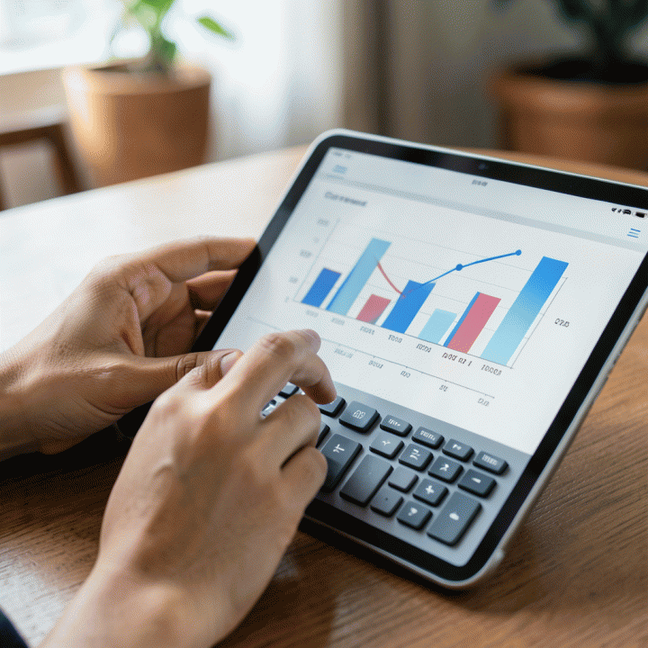 Tangan yang sedang menghitung atau menganalisis grafik profit margin di layar tablet, melambangkan perhitungan HPP yang akurat.