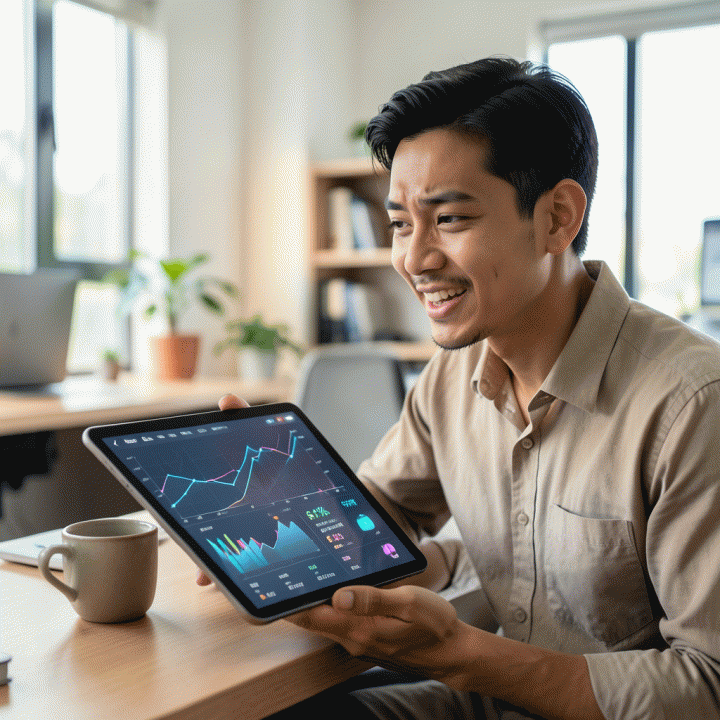 Seorang pemilik UMKM Indonesia yang sukses dan percaya diri sedang meninjau data keuangan di tablet, menunjukkan pemahaman tentang profitabilitas dan penentuan harga jual yang optimal.