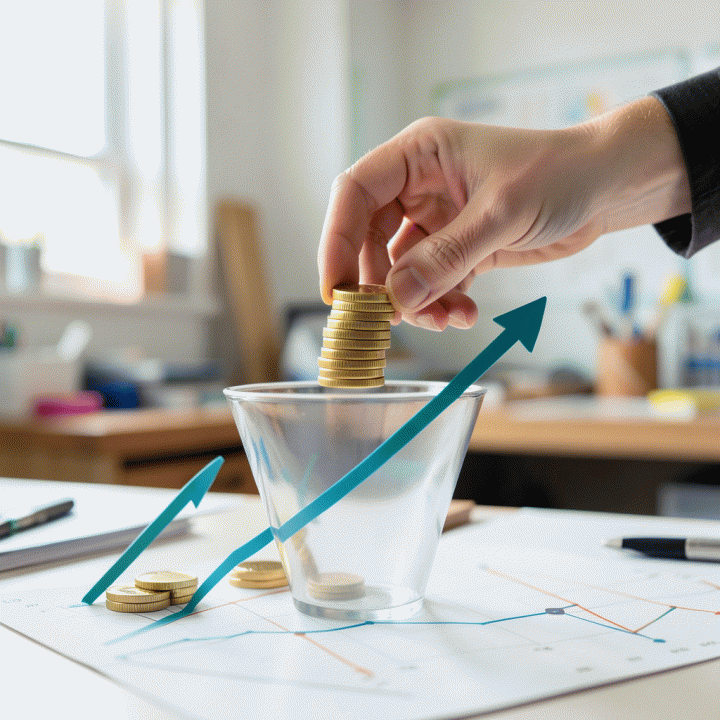Visualisasi peningkatan keuntungan bisnis melalui perhitungan yang tepat, melambangkan profit margin yang maksimal.