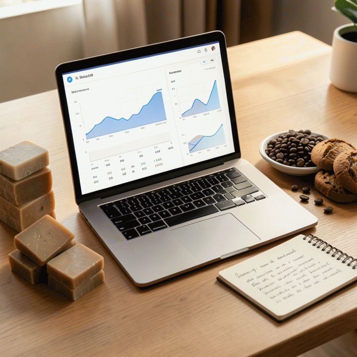 Visualisasi kerja UMKM yang profesional dan terstruktur, berfokus pada laptop yang menunjukkan dashboard keuangan abstrak dan produk-produk kerajinan tangan di meja kerja.