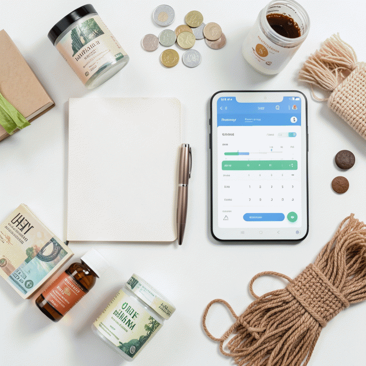 Tata letak flat lay alat-alat bisnis dan produk UMKM yang tersusun rapi, melambangkan perencanaan keuangan yang matang.