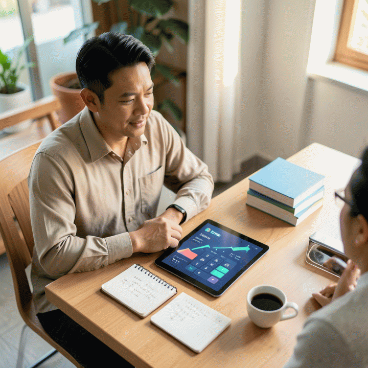 Seorang pemilik UMKM Indonesia yang percaya diri di meja kerja modern, melihat data keuangan positif dan grafik pertumbuhan pada layar digital, melambangkan perhitungan HPP yang akurat dan profit optimal.