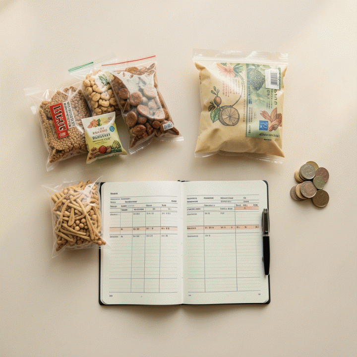 Tata letak datar yang menunjukkan elemen bisnis seperti produk kemasan, buku catatan, dan uang, melambangkan perencanaan biaya operasional yang terstruktur.