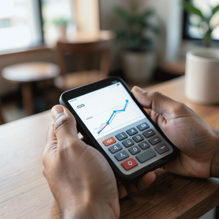 Tangan seorang pemilik bisnis sedang menggunakan kalkulator digital untuk menghitung HPP, menunjukkan fokus pada perhitungan keuangan yang akurat.