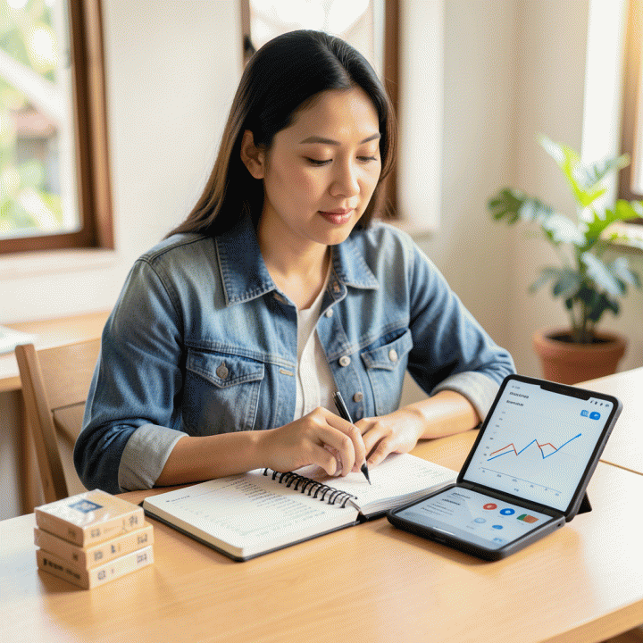 Seorang pemilik UMKM Indonesia yang sedang menganalisis perhitungan keuangan di meja kerja, menunjukkan fokus pada penentuan harga jual yang optimal.