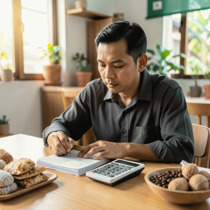 Seorang pemilik UMKM Indonesia sedang menghitung dan merencanakan keuangan bisnisnya di meja kayu, melambangkan pentingnya menghitung Harga Pokok Penjualan (HPP) untuk menentukan harga jual yang optimal.