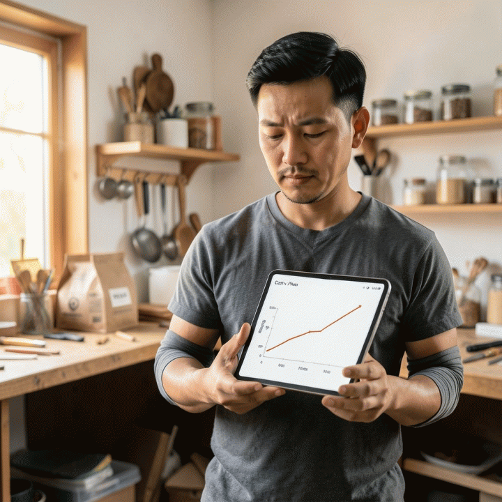 Pemilik UMKM sedang menganalisis strategi penetapan harga produk mereka menggunakan tablet di workshop.