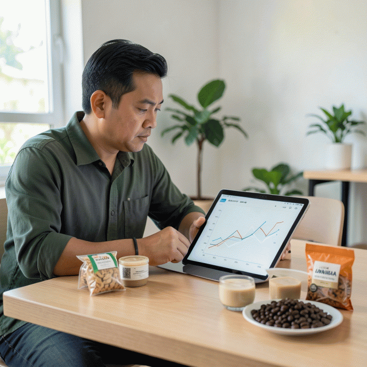Seorang pemilik UMKM Indonesia yang fokus menganalisis data keuangan dan menghitung harga jual optimal di meja kerjanya.