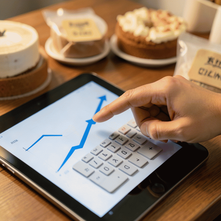 Fokus pada kalkulator atau tablet yang menampilkan grafik keuangan yang menunjukkan peningkatan profit, melambangkan perhitungan HPP yang akurat.