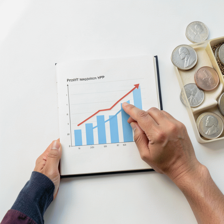 Tangan pemilik bisnis sedang menganalisis grafik peningkatan profit margin di catatan, menunjukkan hasil perhitungan HPP.