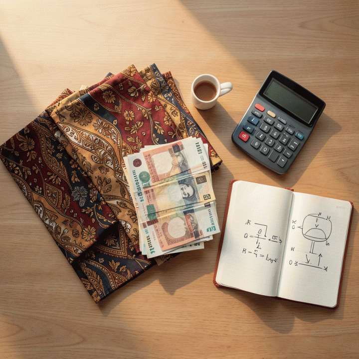 Meja kerja minimalis dengan uang rupiah, bahan baku produk UMKM, kalkulator, dan buku catatan yang menyimbolkan perhitungan Harga Pokok Penjualan (HPP) bisnis kecil.