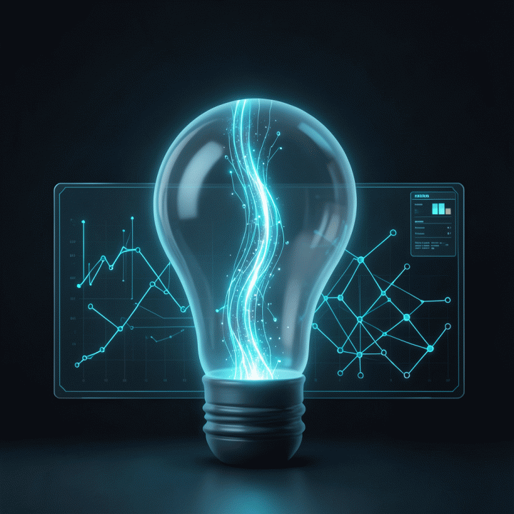 Visual abstrak yang menunjukkan ide mentah (bola lampu) diubah menjadi struktur digital terperinci dan blueprint bisnis melalui aliran energi kecerdasan buatan.