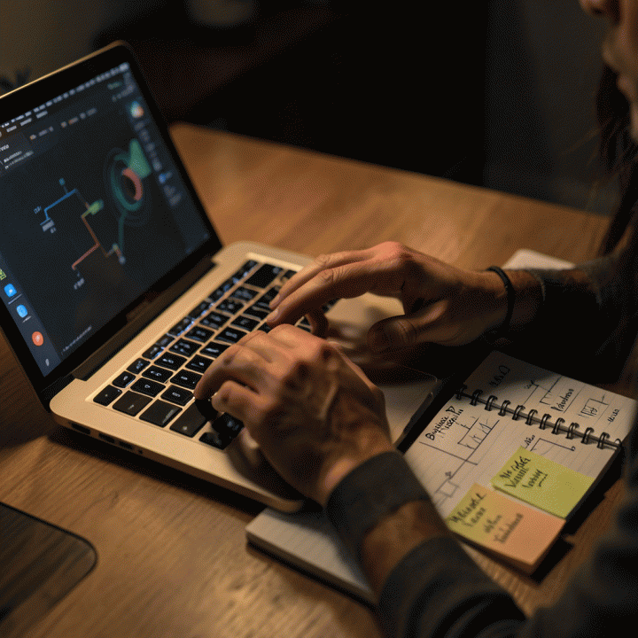 Tangan seorang pengusaha sedang mengetik di laptop, dengan coretan diagram dan catatan perencanaan bisnis yang tersebar di dekatnya, melambangkan riset manual dan asistensi AI.