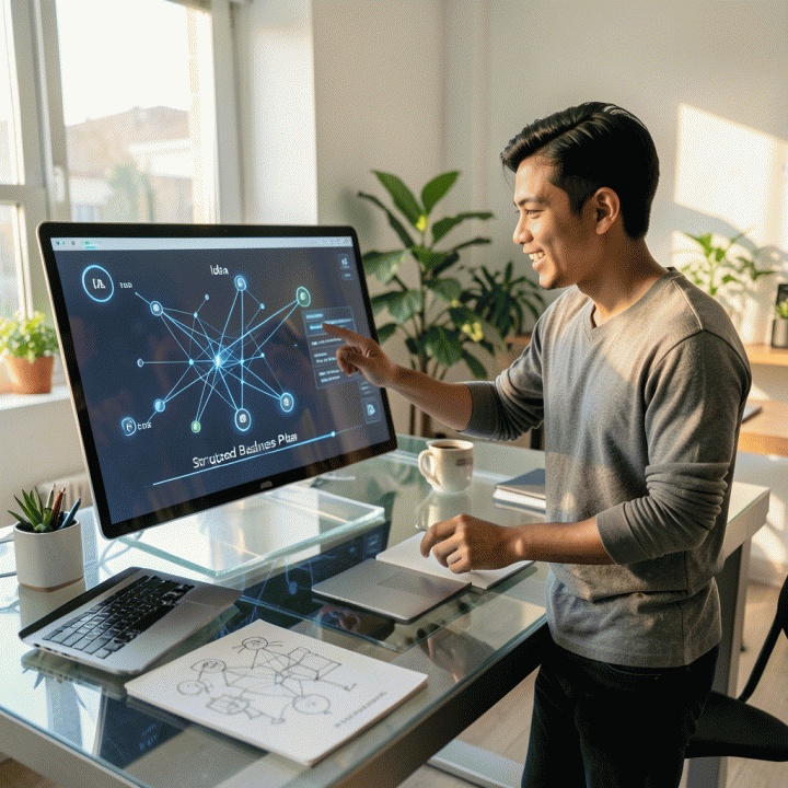 Seorang founder muda Indonesia bersemangat menyajikan visualisasi rencana bisnis digital yang terstruktur pada meja sentuh transparan, melambangkan perubahan ide mentah menjadi konsep siap jual dengan bantuan teknologi AI.