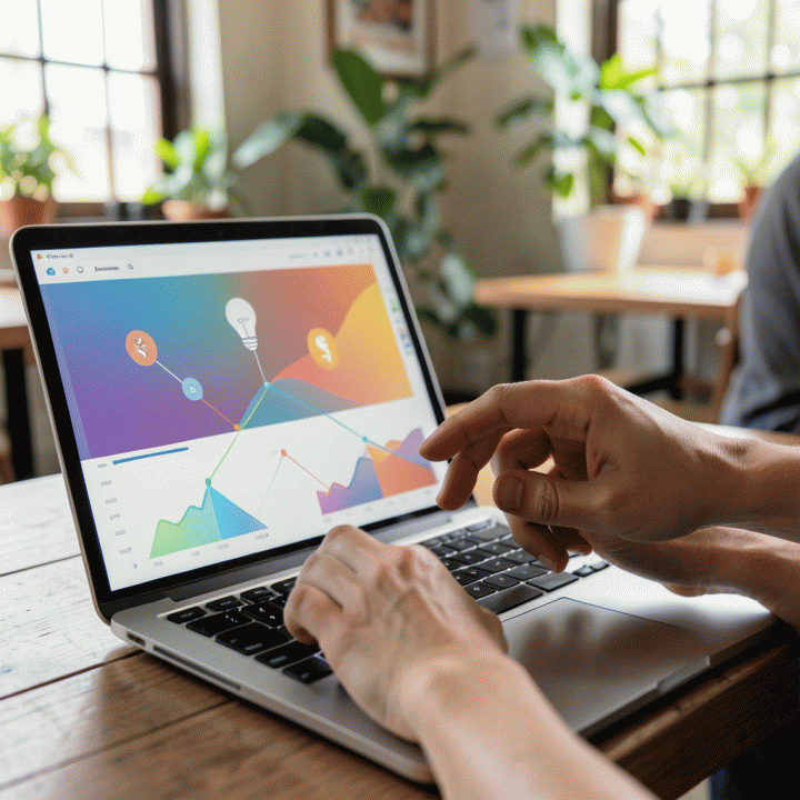 Tangan yang sedang menyusun dan menganalisis data di dashboard laptop modern, melambangkan proses riset pasar dan penyusunan rencana bisnis digital yang terstruktur.