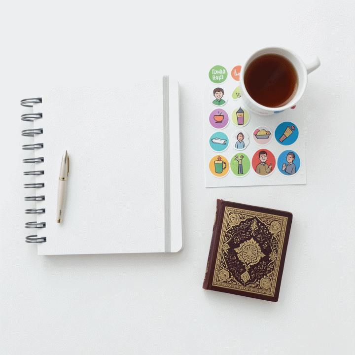 Foto datar (flat lay) yang rapi dari alat-alat produktivitas ibadah: planner, stiker habit tracker, pena, dan Al-Quran, menunjukkan sistematisasi ibadah.