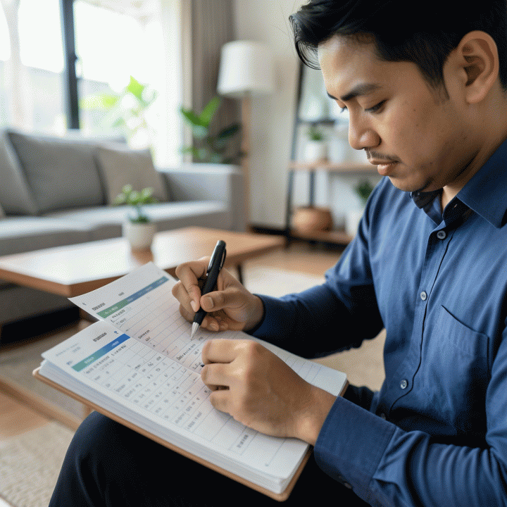 Seorang profesional muda Indonesia yang fokus dan teliti mencatat progres ibadah harian pada planner fisik, menunjukkan konsistensi dan kerapian rutinitas spiritual.