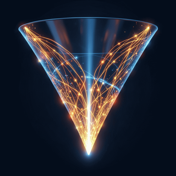 Visualisasi konseptual corong pemasaran (marketing funnel) yang menunjukkan perjalanan dari data mentah menuju konversi yang sukses.