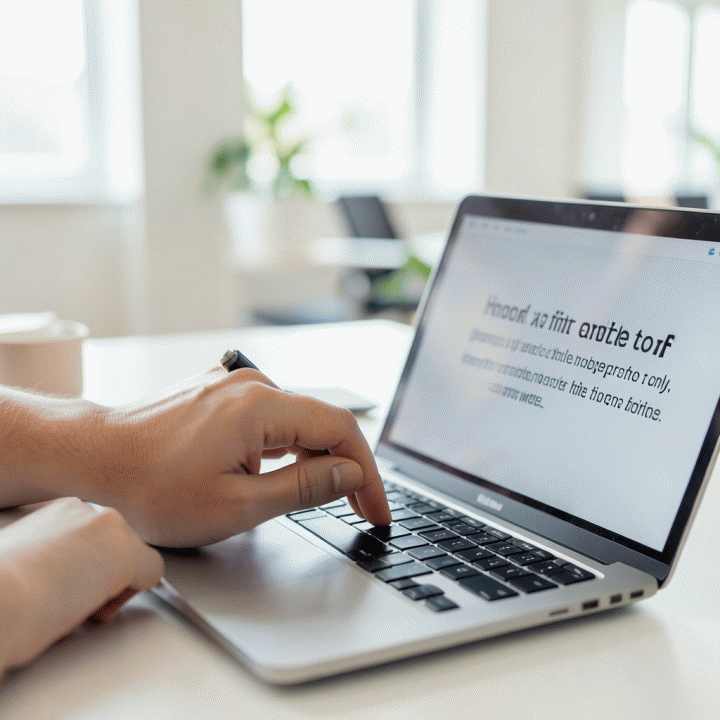 Tangan sedang menulis ad copy yang persuasif di laptop, melambangkan proses kreatif dalam menyusun teks iklan yang menarik.