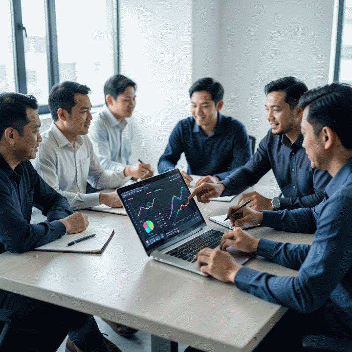 Kelompok profesional digital marketer yang berdiskusi intensif di sekitar meja kerja modern, menganalisis visualisasi data kompleks di laptop untuk merumuskan strategi pemasaran berbasis data.