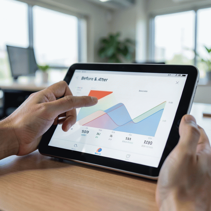 Tangan menganalisis data konversi di layar tablet modern, menunjukkan perbandingan hasil yang signifikan dan actionable.