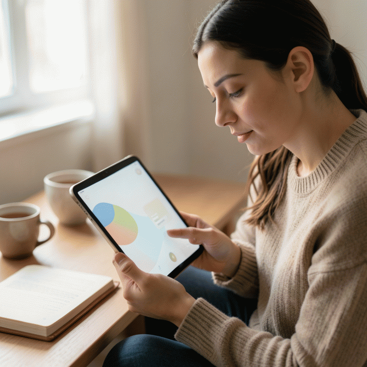 Seseorang yang sedang merenung dan mencatat pikiran dengan tenang menggunakan perangkat digital modern di ruangan yang nyaman, melambangkan proses refleksi diri yang terstruktur.