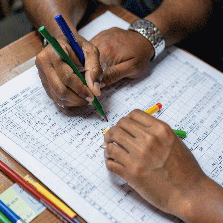 Foto close-up tangan seseorang yang sedang menghitung dan membuat perkiraan biaya secara detail menggunakan kertas grafik besar, melambangkan proses perhitungan anggaran dari nol.