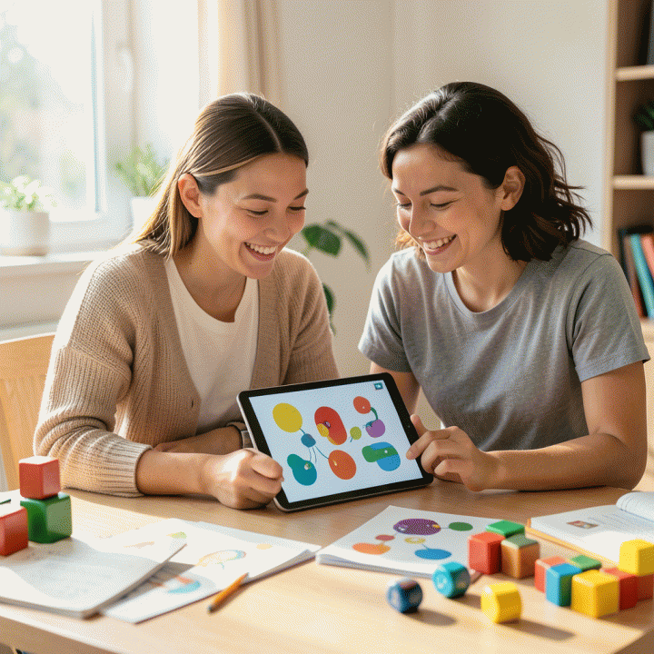 Ilustrasi photorealistic seorang guru dan orang tua yang bekerja sama di meja modern, menggunakan tablet untuk membuat materi belajar anak yang ceria dan efisien.