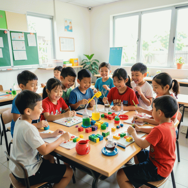 Sekelompok anak sekolah dasar Indonesia yang ceria dan berinteraksi dalam kegiatan belajar yang menyenangkan dan berkualitas di kelas modern.