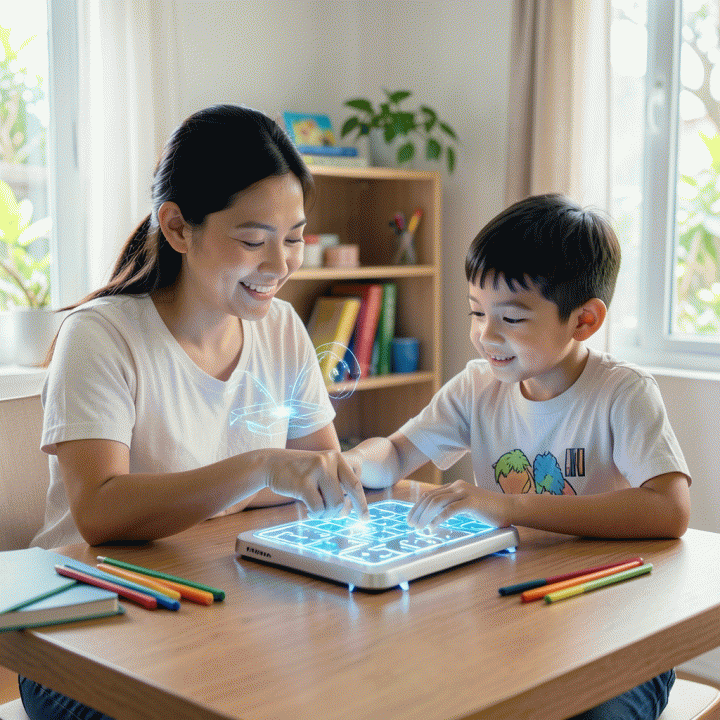 Orang tua dan anak belajar bersama di sudut belajar yang modern dan hangat, menggunakan alat bantu belajar futuristik.