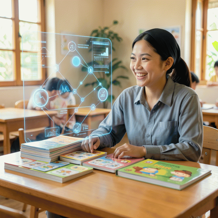 Guru Indonesia yang tersenyum menggunakan antarmuka holografik AI untuk menyusun materi belajar anak di kelas yang cerah.
