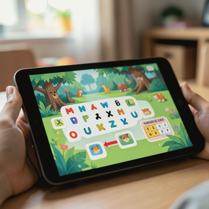 Tampilan materi pembelajaran interaktif di tablet yang dirancang untuk anak-anak Indonesia.