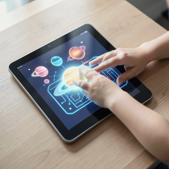 Tangan orang tua memandu anak berinteraksi dengan materi belajar holografik yang diproyeksikan dari tablet, menunjukkan kemudahan penggunaan AI dalam pendidikan.