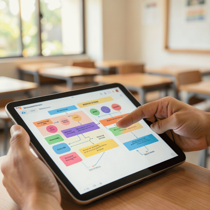 Tangan dewasa menggunakan tablet untuk mengakses atau menyusun rencana pembelajaran yang terorganisir dan berwarna-warni, melambangkan efisiensi AI.