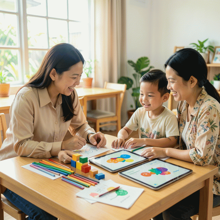 Guru Indonesia dan orang tua berinteraksi dengan anak di meja belajar yang penuh materi edukatif yang cerah dan menarik, menunjukkan proses belajar yang mudah dan menyenangkan dengan bantuan teknologi AI.