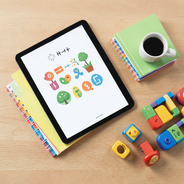 Tampilan datar (flat lay) yang menunjukkan kombinasi materi fisik dan digital (tablet) yang terorganisir, melambangkan materi ajar yang lengkap dan siap digunakan.