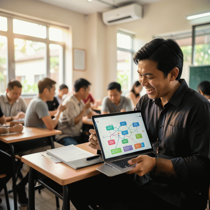 Guru sekolah Indonesia menggunakan tablet di kelas yang cerah untuk menyusun modul ajar digital Kurikulum Merdeka, menunjukkan proses pembelajaran yang modern dan efisien.